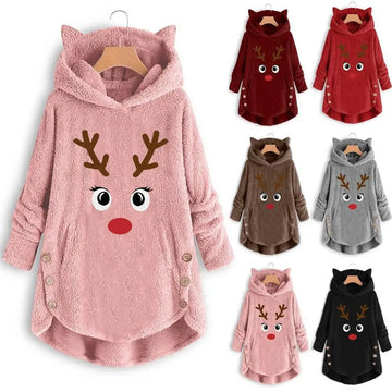 Women Printed Cat Ears Hooded Large Size Long Sleeve Button Sweater Warm Pullover Christmas Sweaters