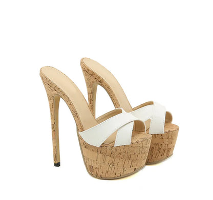 Super High Heels Slippers Sandals Women PU Leather Party Shoes Platform Heels  Peep Toe Slip On Mules