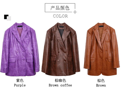 Oversized Shiny Purple Crocodile Pattern Faux Leather Blazer for Women Y2k
