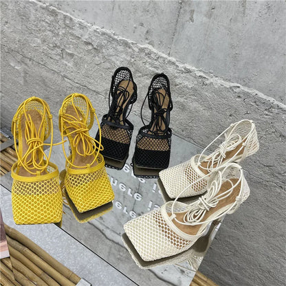 Sexy Mesh Pumps Sandals Female Square Toe High Heel Lace Up Cross-Tied Dress Shoes