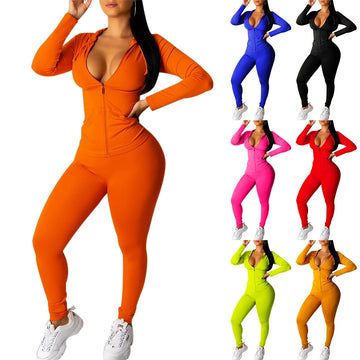 Two piece set women long sleeve hooded zipper pocket sporty Jackets + leggings Stretchy