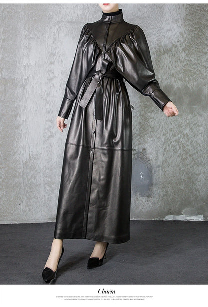Green Black Maxi Soft Faux Leather Trench Coat for Women Luxury Retro Trench Coat
