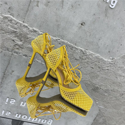 Sexy Mesh Pumps Sandals Female Square Toe High Heel Lace Up Cross-Tied Dress Shoes
