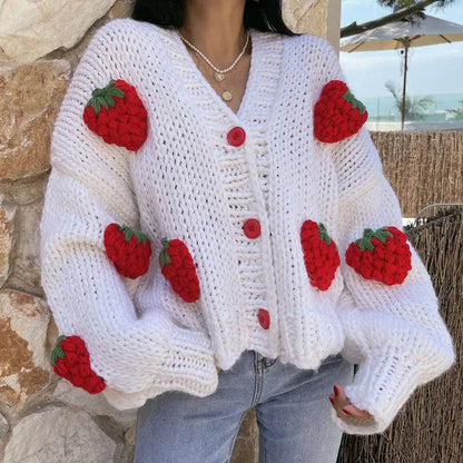 Large Size Women Sweater Puff Sleeve Strawberry Sweet Full Cardigans Loose Girls Sweater