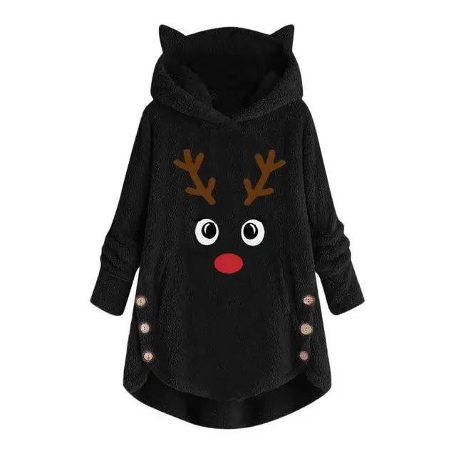 Women Printed Cat Ears Hooded Large Size Long Sleeve Button Sweater Warm Pullover Christmas Sweaters