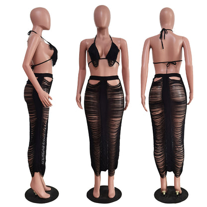 Beach Sexy Ripped Out Tassel See Through Maxi Long Skirt Set and Crop Top Two 2 Piece Set