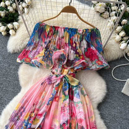 Off Shoulder Gorgeous Flower Holiday Dress Women's Wedding Guest Ruffles Batwing Sleeve Midi Dress