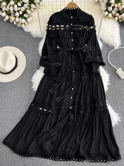 Retro Lantern Long Sleeve Single Breasted Elegance Dress