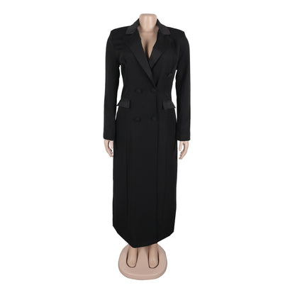 Women Blazer Dress Double Breasted Notched Long Sleeve Maxi Blazer Dress