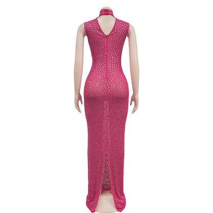 Cocktail Dress Diamonds Hot Rhinestones O-neck Women Sleeveless Bodycon Maxi Dress