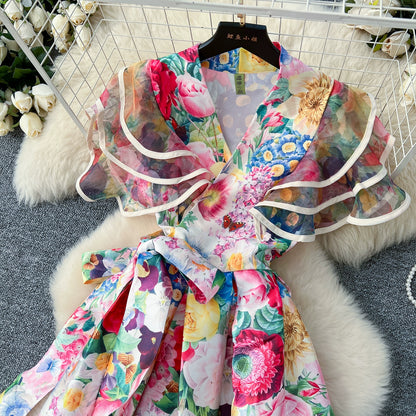 Summer Bohemian Gorgeous Flower Long Dress Women V-Neck Layer Mesh Sleeve Floral Midi Dress