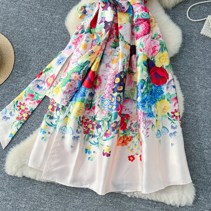 Summer Bohemian Gorgeous Flower Long Dress Women V-Neck Layer Mesh Sleeve Floral Midi Dress