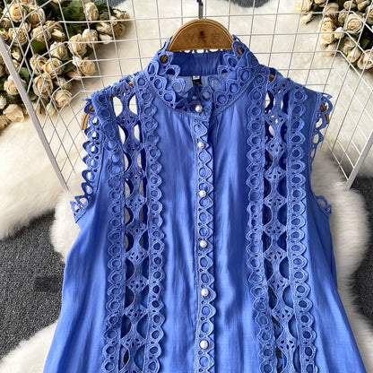 Summer 2024 French Style Vintage Court Style Elegant Stand-up Collar Cinched Slim Looking Sleeveless A- line Cut Out Embroider Dress