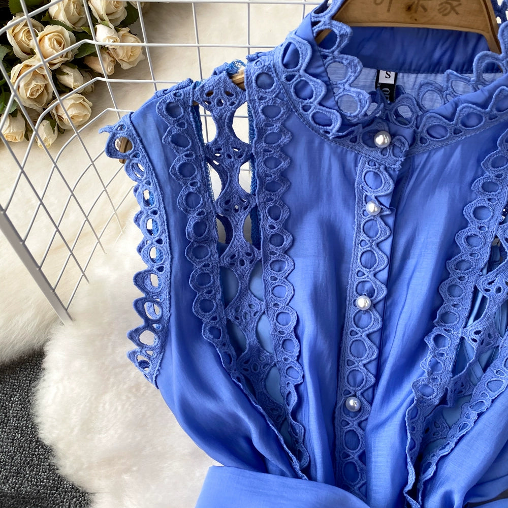 Summer 2024 French Style Vintage Court Style Elegant Stand-up Collar Cinched Slim Looking Sleeveless A- line Cut Out Embroider Dress