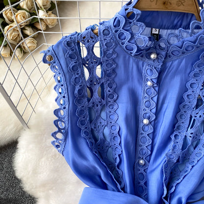 Summer 2024 French Style Vintage Court Style Elegant Stand-up Collar Cinched Slim Looking Sleeveless A- line Cut Out Embroider Dress