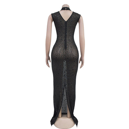 Cocktail Dress Diamonds Hot Rhinestones O-neck Women Sleeveless Bodycon Maxi Dress