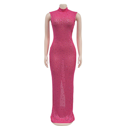 Cocktail Dress Diamonds Hot Rhinestones O-neck Women Sleeveless Bodycon Maxi Dress