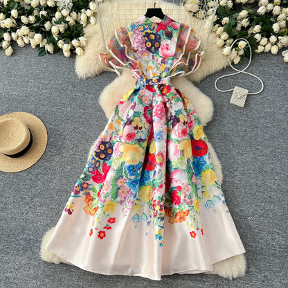 Summer Bohemian Gorgeous Flower Long Dress Women V-Neck Layer Mesh Sleeve Floral Midi Dress