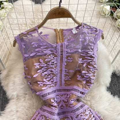 Solid Mesh Embroidery Dress Women's Sleeveless Round Neck Hollow Out Tulles Vestido