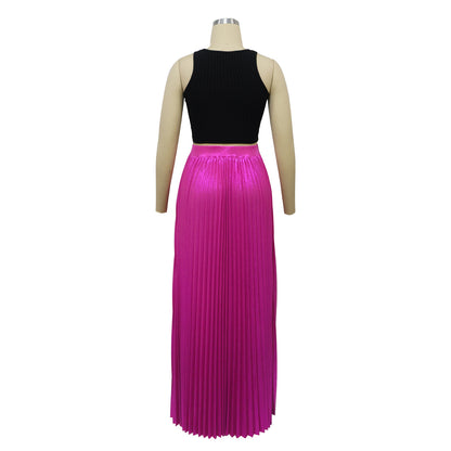 High Side Split Big Swing Pleated Floor Length Skirt High Waist Maxi Skirts