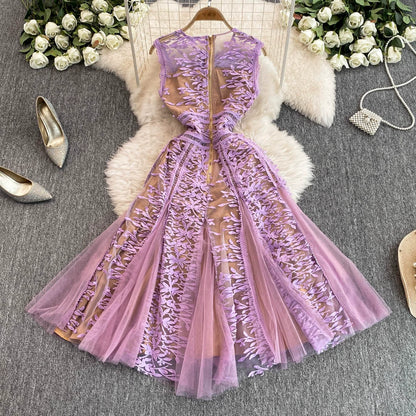 Solid Mesh Embroidery Dress Women's Sleeveless Round Neck Hollow Out Tulles Vestido