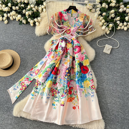 Summer Bohemian Gorgeous Flower Long Dress Women V-Neck Layer Mesh Sleeve Floral Midi Dress