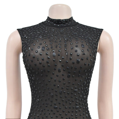 Cocktail Dress Diamonds Hot Rhinestones O-neck Women Sleeveless Bodycon Maxi Dress