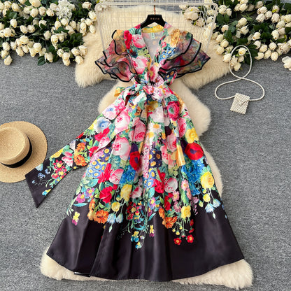 Summer Bohemian Gorgeous Flower Long Dress Women V-Neck Layer Mesh Sleeve Floral Midi Dress