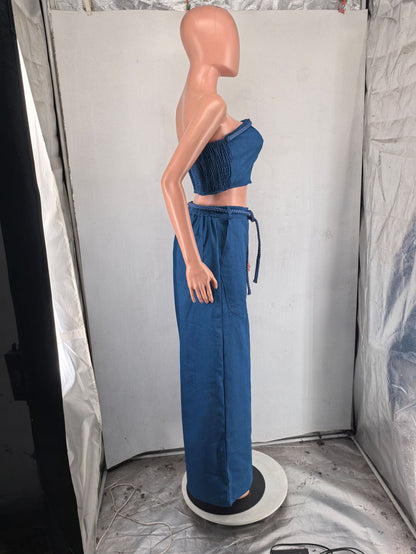 Denim Women's Set Strapless Crop Top and Wide Leg Jeans Pants Two 2 Piece Sets Outfit