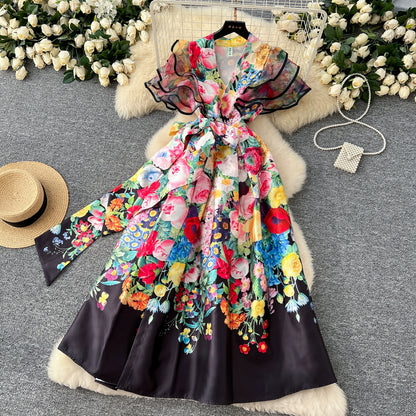 Summer Bohemian Gorgeous Flower Long Dress Women V-Neck Layer Mesh Sleeve Floral Midi Dress