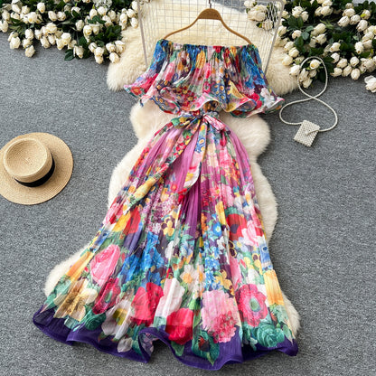 Off Shoulder Gorgeous Flower Holiday Dress Women's Wedding Guest Ruffles Batwing Sleeve Midi Dress