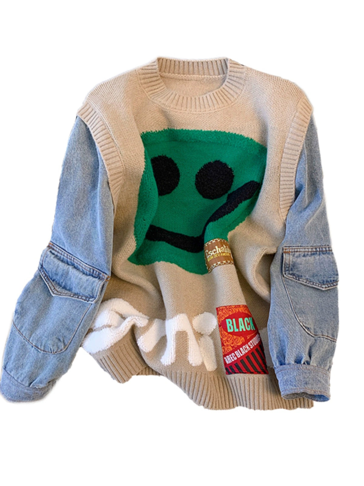 Smiley Face Smiling Face Loose Denim Sleeves Sweater for Women