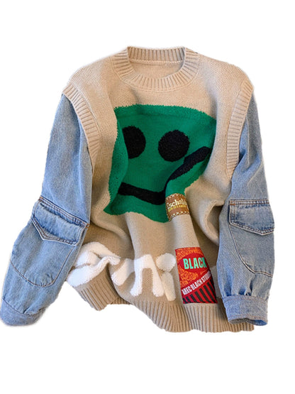 Smiley Face Smiling Face Loose Denim Sleeves Sweater for Women