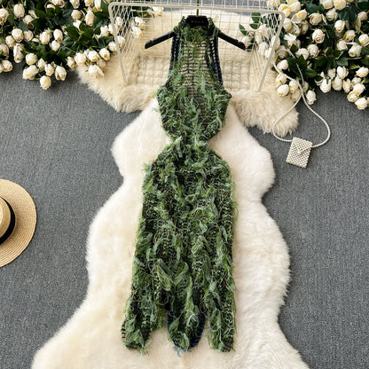 Elegant Women's See-through Slim-Fit Tassel Dress Sleeveless Halter Sexy Dress