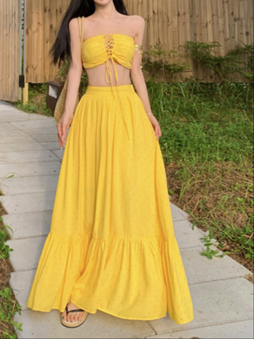 Dopamine Seaside Travel Wear Vacation Beach Skirt Set Tube Top Top Women's Belt Chest Pad Two-piece Skirt Set