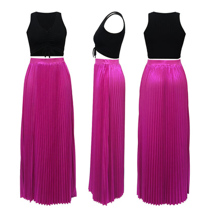 High Side Split Big Swing Pleated Floor Length Skirt High Waist Maxi Skirts