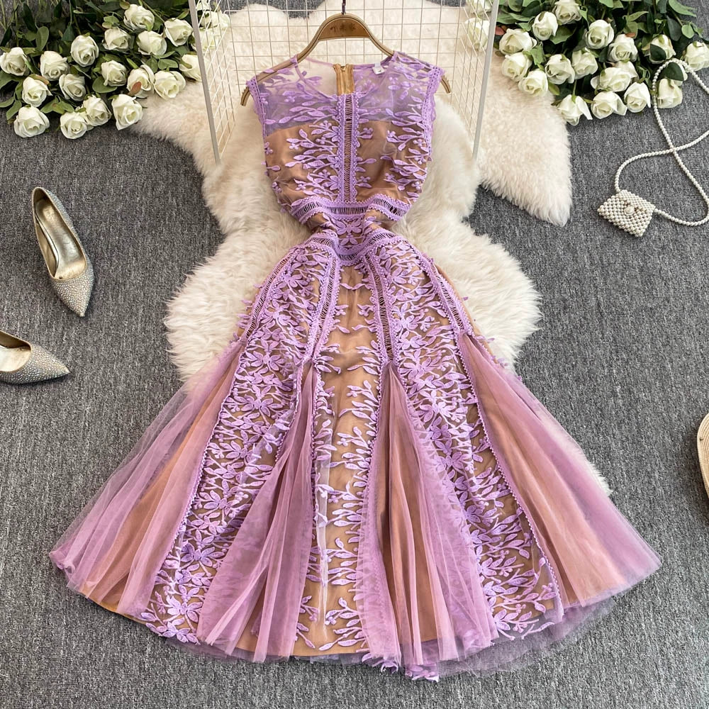 Solid Mesh Embroidery Dress Women's Sleeveless Round Neck Hollow Out Tulles Vestido