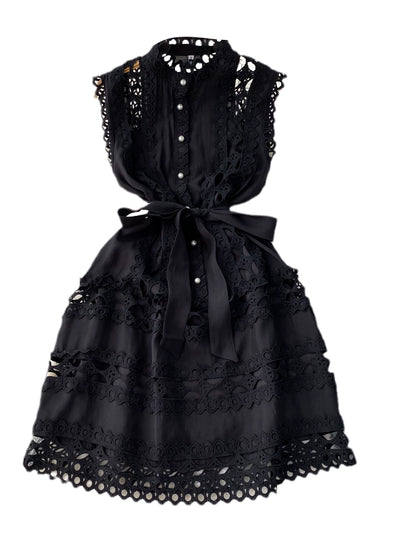 Summer 2024 French Style Vintage Court Style Elegant Stand-up Collar Cinched Slim Looking Sleeveless A- line Cut Out Embroider Dress