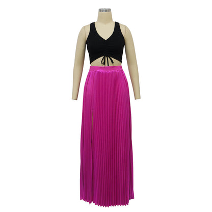 High Side Split Big Swing Pleated Floor Length Skirt High Waist Maxi Skirts