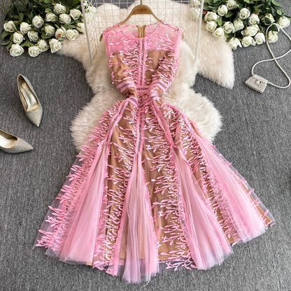 Solid Mesh Embroidery Dress Women's Sleeveless Round Neck Hollow Out Tulles Vestido
