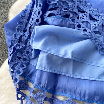 Summer 2024 French Style Vintage Court Style Elegant Stand-up Collar Cinched Slim Looking Sleeveless A- line Cut Out Embroider Dress