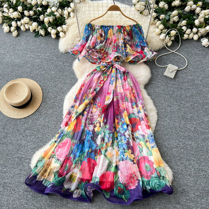 Off Shoulder Gorgeous Flower Holiday Dress Women's Wedding Guest Ruffles Batwing Sleeve Midi Dress