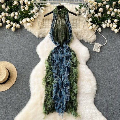 Elegant Women's See-through Slim-Fit Tassel Dress Sleeveless Halter Sexy Dress