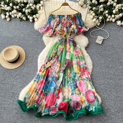 Off Shoulder Gorgeous Flower Holiday Dress Women's Wedding Guest Ruffles Batwing Sleeve Midi Dress