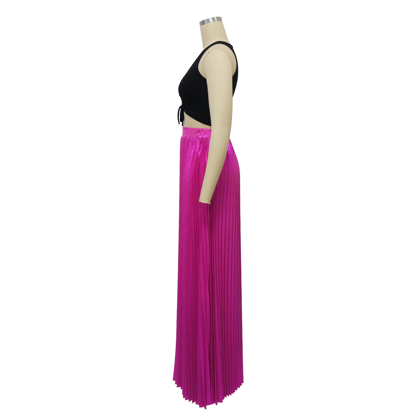 High Side Split Big Swing Pleated Floor Length Skirt High Waist Maxi Skirts