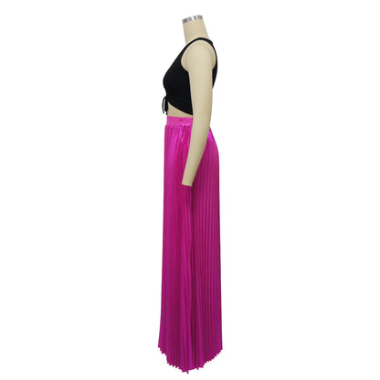 High Side Split Big Swing Pleated Floor Length Skirt High Waist Maxi Skirts