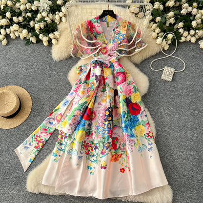Summer Bohemian Gorgeous Flower Long Dress Women V-Neck Layer Mesh Sleeve Floral Midi Dress