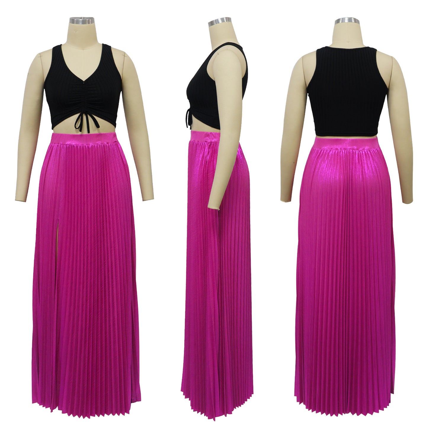 High Side Split Big Swing Pleated Floor Length Skirt High Waist Maxi Skirts