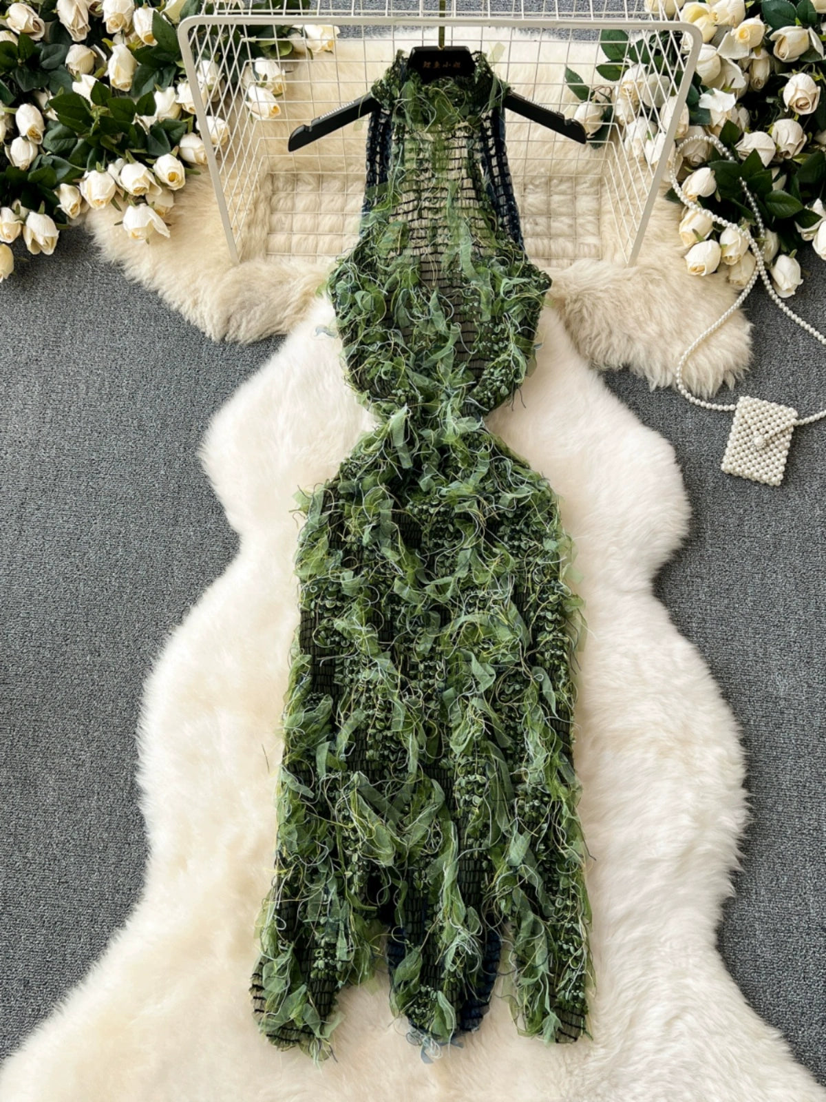 Elegant Women's See-through Slim-Fit Tassel Dress Sleeveless Halter Sexy Dress