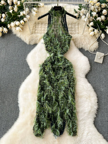 Elegant Women's See-through Slim-Fit Tassel Dress Sleeveless Halter Sexy Dress